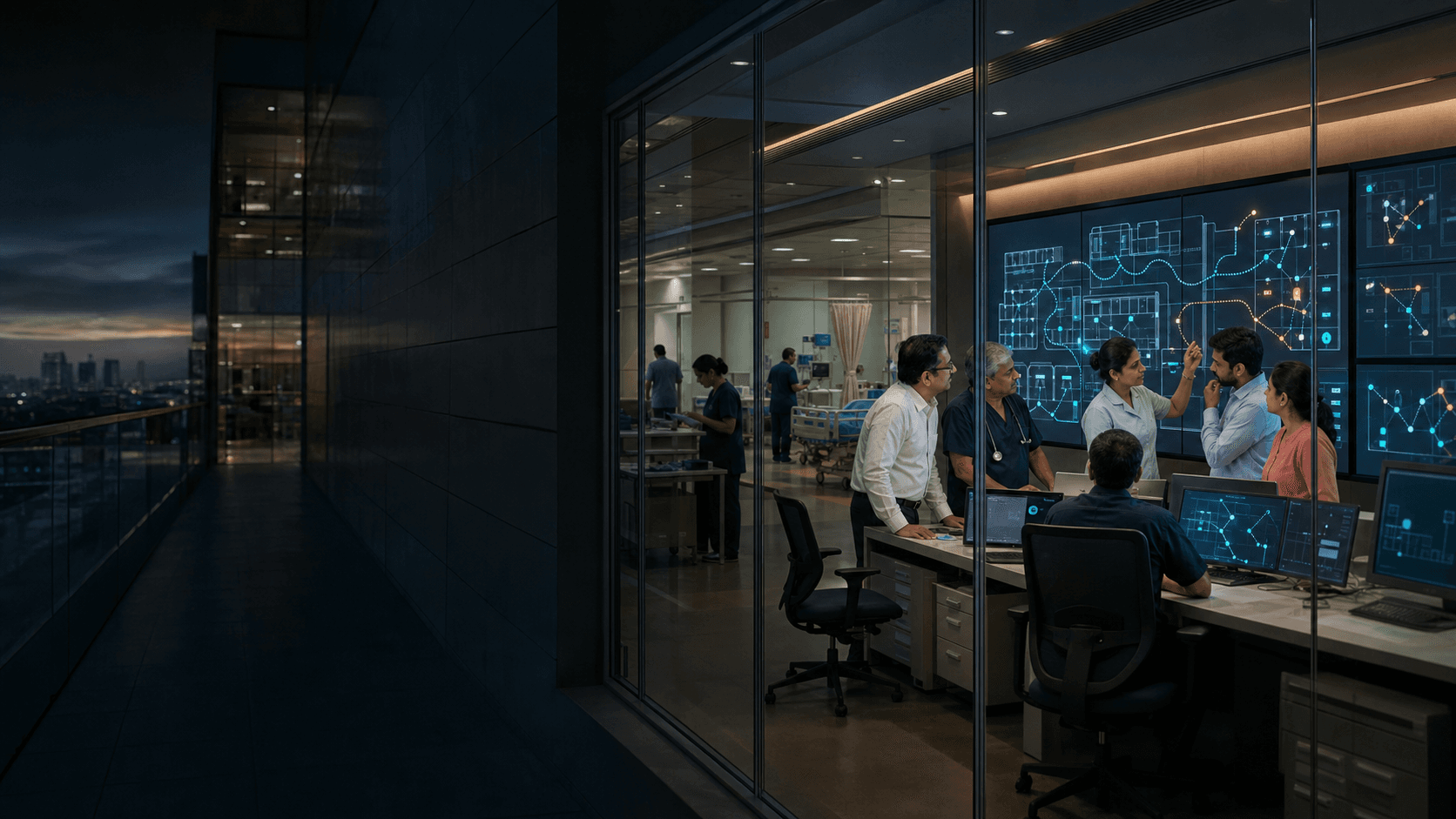 Hospital operations team collaborating in a modern command centre