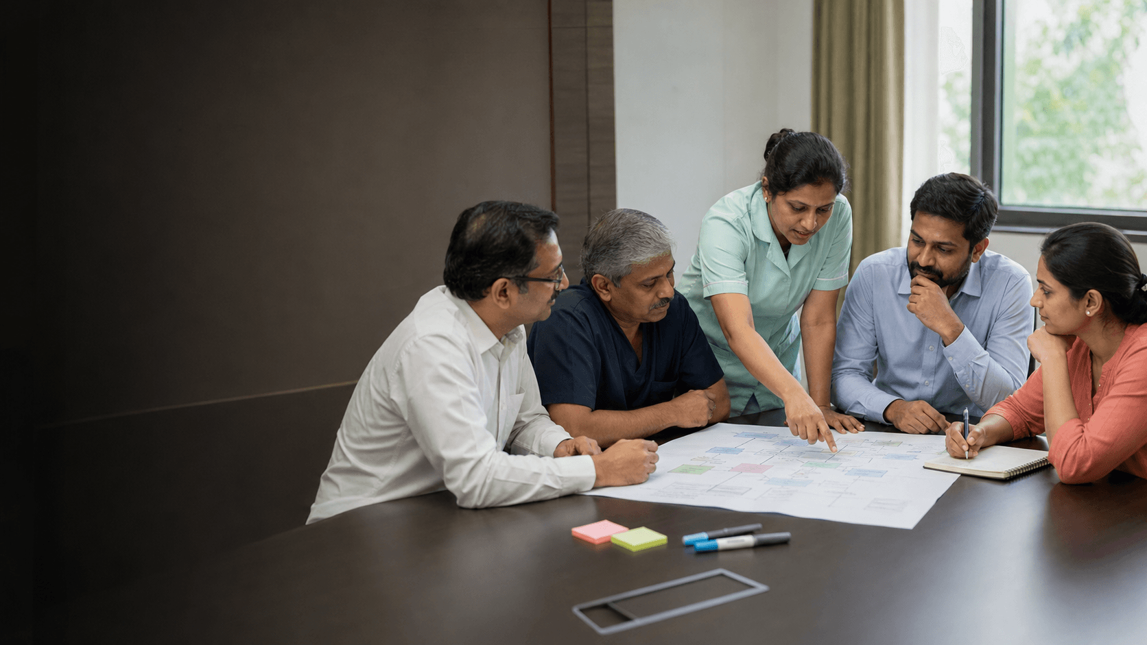 Indian hospital leaders and frontline staff mapping a care workflow together