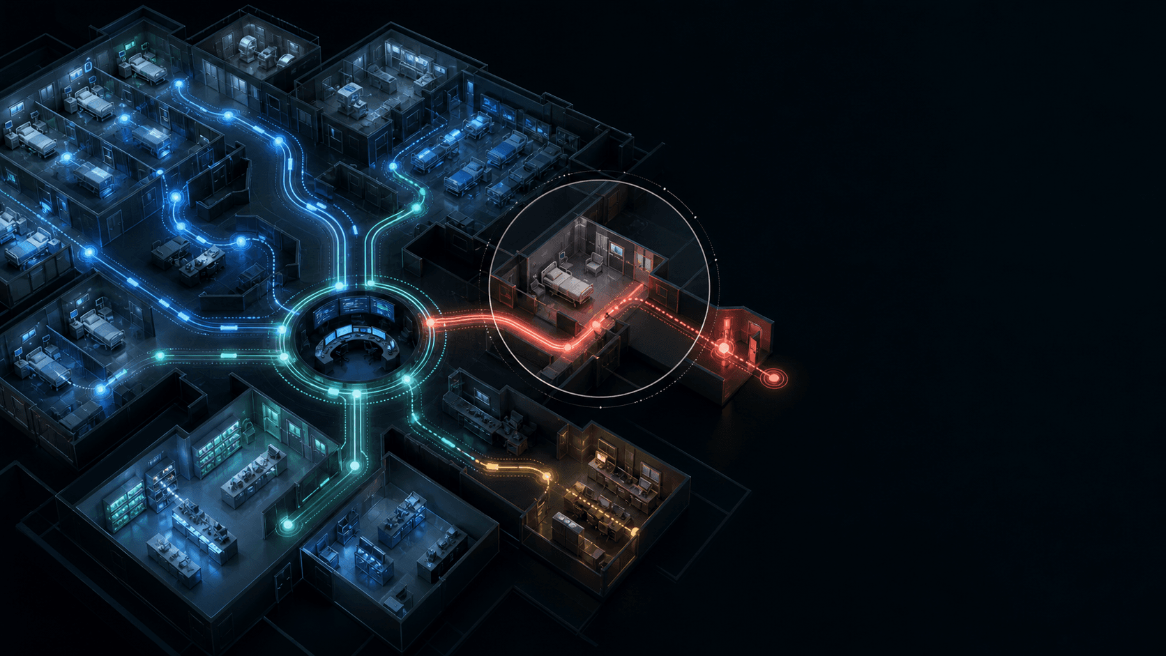 Illustrative hospital network showing operational signals moving between departments